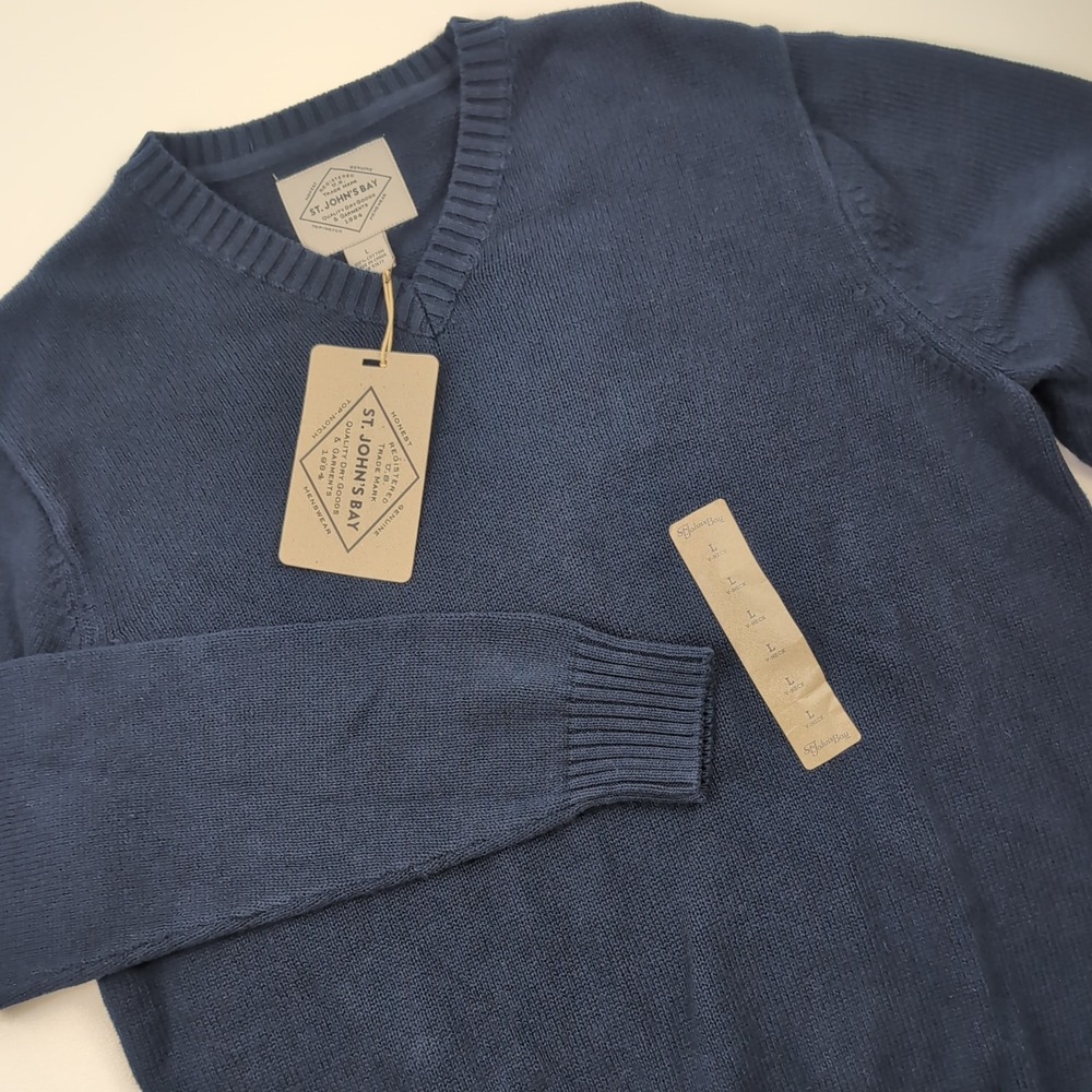 St John's Bay Sweater Mens Large Navy Blue V-Neck Cotton Pullover NWT Snag